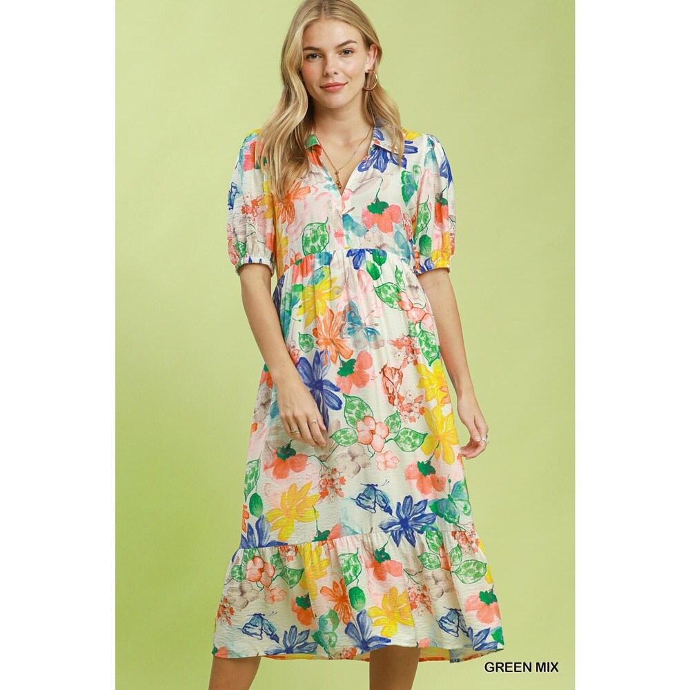 Umgee Watercolor Floral Tiered Midi Dress